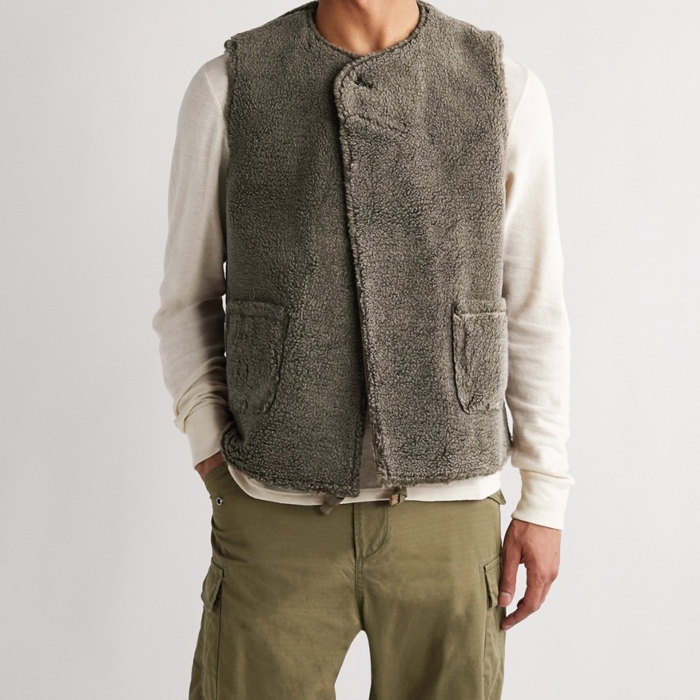 CHIMALA Reversible Cotton Twill And Faux Shearling Gilet Green Vest Army Craig - Picture 4 of 8